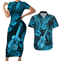Hawaii Ukulele Couples Matching Short Sleeve Bodycon Dress and Hawaiian Shirt Polynesian Pattern Sky Blue Version - Wonder Print Shop
