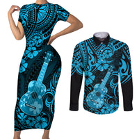 Hawaii Ukulele Couples Matching Short Sleeve Bodycon Dress and Long Sleeve Button Shirts Polynesian Pattern Sky Blue Version - Wonder Print Shop