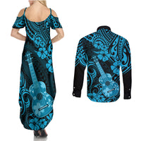 Hawaii Ukulele Couples Matching Summer Maxi Dress and Long Sleeve Button Shirts Polynesian Pattern Sky Blue Version - Wonder Print Shop