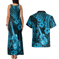 Hawaii Ukulele Couples Matching Tank Maxi Dress and Hawaiian Shirt Polynesian Pattern Sky Blue Version - Wonder Print Shop