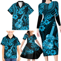 Hawaii Ukulele Family Matching Long Sleeve Bodycon Dress and Hawaiian Shirt Polynesian Pattern Sky Blue Version - Wonder Print Shop
