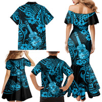 Hawaii Ukulele Family Matching Mermaid Dress and Hawaiian Shirt Polynesian Pattern Sky Blue Version - Wonder Print Shop