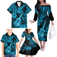 Hawaii Ukulele Family Matching Off Shoulder Long Sleeve Dress and Hawaiian Shirt Polynesian Pattern Sky Blue Version - Wonder Print Shop