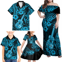 Hawaii Ukulele Family Matching Off Shoulder Maxi Dress and Hawaiian Shirt Polynesian Pattern Sky Blue Version - Wonder Print Shop