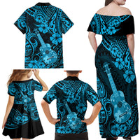 Hawaii Ukulele Family Matching Off Shoulder Maxi Dress and Hawaiian Shirt Polynesian Pattern Sky Blue Version - Wonder Print Shop