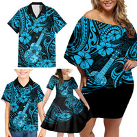 Hawaii Ukulele Family Matching Off Shoulder Short Dress and Hawaiian Shirt Polynesian Pattern Sky Blue Version - Wonder Print Shop