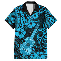 Hawaii Ukulele Family Matching Short Sleeve Bodycon Dress and Hawaiian Shirt Polynesian Pattern Sky Blue Version - Wonder Print Shop