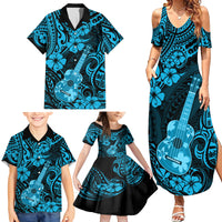 Hawaii Ukulele Family Matching Summer Maxi Dress and Hawaiian Shirt Polynesian Pattern Sky Blue Version - Wonder Print Shop