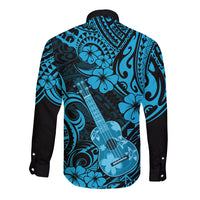 Hawaii Ukulele Long Sleeve Button Shirt Polynesian Pattern Sky Blue Version - Wonder Print Shop