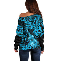 Hawaii Ukulele Off Shoulder Sweater Polynesian Pattern Sky Blue Version - Wonder Print Shop
