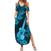 Hawaii Ukulele Summer Maxi Dress Polynesian Pattern Sky Blue Version - Wonder Print Shop