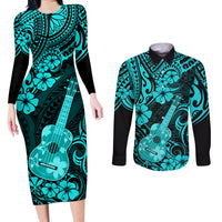 Hawaii Ukulele Couples Matching Long Sleeve Bodycon Dress and Long Sleeve Button Shirts Polynesian Pattern Turquoise Version - Wonder Print Shop