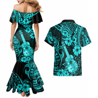 Hawaii Ukulele Couples Matching Mermaid Dress and Hawaiian Shirt Polynesian Pattern Turquoise Version - Wonder Print Shop