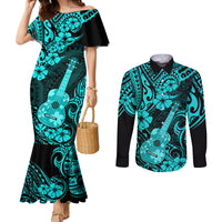 hawaii-ukulele-couples-matching-mermaid-dress-and-long-sleeve-button-shirts-polynesian-pattern-turquoise-version