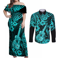 Hawaii Ukulele Couples Matching Off Shoulder Maxi Dress and Long Sleeve Button Shirts Polynesian Pattern Turquoise Version - Wonder Print Shop