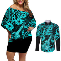Hawaii Ukulele Couples Matching Off Shoulder Short Dress and Long Sleeve Button Shirts Polynesian Pattern Turquoise Version - Wonder Print Shop