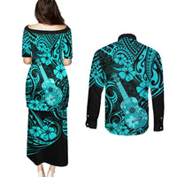 Hawaii Ukulele Couples Matching Puletasi Dress and Long Sleeve Button Shirts Polynesian Pattern Turquoise Version - Wonder Print Shop