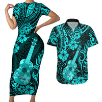 Hawaii Ukulele Couples Matching Short Sleeve Bodycon Dress and Hawaiian Shirt Polynesian Pattern Turquoise Version - Wonder Print Shop