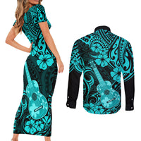 Hawaii Ukulele Couples Matching Short Sleeve Bodycon Dress and Long Sleeve Button Shirts Polynesian Pattern Turquoise Version - Wonder Print Shop