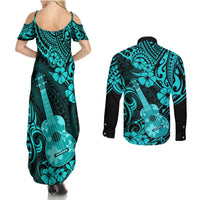 Hawaii Ukulele Couples Matching Summer Maxi Dress and Long Sleeve Button Shirts Polynesian Pattern Turquoise Version - Wonder Print Shop