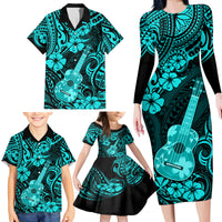 Hawaii Ukulele Family Matching Long Sleeve Bodycon Dress and Hawaiian Shirt Polynesian Pattern Turquoise Version - Wonder Print Shop