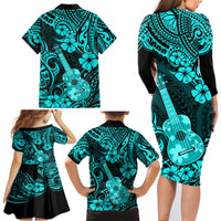 Hawaii Ukulele Family Matching Long Sleeve Bodycon Dress and Hawaiian Shirt Polynesian Pattern Turquoise Version - Wonder Print Shop