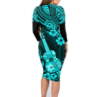 Hawaii Ukulele Family Matching Long Sleeve Bodycon Dress and Hawaiian Shirt Polynesian Pattern Turquoise Version - Wonder Print Shop
