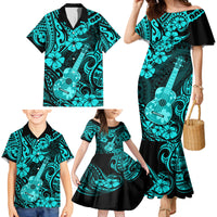 Hawaii Ukulele Family Matching Mermaid Dress and Hawaiian Shirt Polynesian Pattern Turquoise Version - Wonder Print Shop