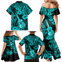 Hawaii Ukulele Family Matching Mermaid Dress and Hawaiian Shirt Polynesian Pattern Turquoise Version - Wonder Print Shop