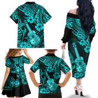 Hawaii Ukulele Family Matching Off Shoulder Long Sleeve Dress and Hawaiian Shirt Polynesian Pattern Turquoise Version - Wonder Print Shop