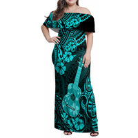 Hawaii Ukulele Family Matching Off Shoulder Maxi Dress and Hawaiian Shirt Polynesian Pattern Turquoise Version - Wonder Print Shop