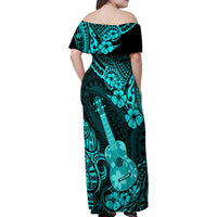 Hawaii Ukulele Family Matching Off Shoulder Maxi Dress and Hawaiian Shirt Polynesian Pattern Turquoise Version - Wonder Print Shop