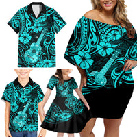 Hawaii Ukulele Family Matching Off Shoulder Short Dress and Hawaiian Shirt Polynesian Pattern Turquoise Version - Wonder Print Shop