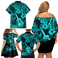 Hawaii Ukulele Family Matching Off Shoulder Short Dress and Hawaiian Shirt Polynesian Pattern Turquoise Version - Wonder Print Shop