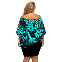 Hawaii Ukulele Family Matching Off Shoulder Short Dress and Hawaiian Shirt Polynesian Pattern Turquoise Version - Wonder Print Shop