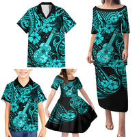 Hawaii Ukulele Family Matching Puletasi Dress and Hawaiian Shirt Polynesian Pattern Turquoise Version - Wonder Print Shop