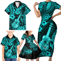Hawaii Ukulele Family Matching Short Sleeve Bodycon Dress and Hawaiian Shirt Polynesian Pattern Turquoise Version - Wonder Print Shop
