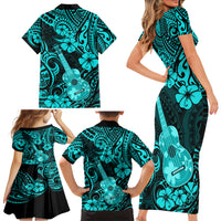 Hawaii Ukulele Family Matching Short Sleeve Bodycon Dress and Hawaiian Shirt Polynesian Pattern Turquoise Version - Wonder Print Shop