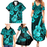 Hawaii Ukulele Family Matching Summer Maxi Dress and Hawaiian Shirt Polynesian Pattern Turquoise Version - Wonder Print Shop