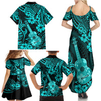 Hawaii Ukulele Family Matching Summer Maxi Dress and Hawaiian Shirt Polynesian Pattern Turquoise Version - Wonder Print Shop