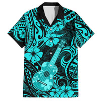 Turquoise and black Hawaiian button-up shirt with hibiscus flowers and ukulele graphic