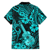 Turquoise and black Hawaiian shirt with hibiscus flowers, ukulele, and swirling pattern (back)