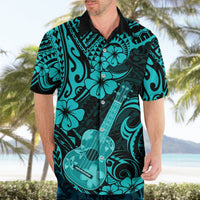 Turquoise and black Hawaiian shirt with hibiscus flowers and ukulele print, short sleeves