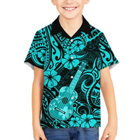 Kids turquoise and black Hawaiian button-up shirt with hibiscus flowers and ukulele print