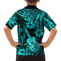 Turquoise and black Hawaiian shirt with ukulele and hibiscus print, full back view