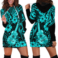 Hawaii Ukulele Hoodie Dress Polynesian Pattern Turquoise Version - Wonder Print Shop