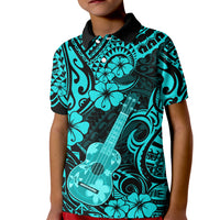 Hawaii Ukulele Kid Polo Shirt Polynesian Pattern Turquoise Version - Wonder Print Shop
