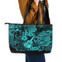 Hawaii Ukulele Leather Tote Bag Polynesian Pattern Turquoise Version - Wonder Print Shop