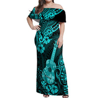 Hawaii Ukulele Off Shoulder Maxi Dress Polynesian Pattern Turquoise Version - Wonder Print Shop
