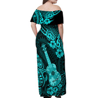 Hawaii Ukulele Off Shoulder Maxi Dress Polynesian Pattern Turquoise Version - Wonder Print Shop